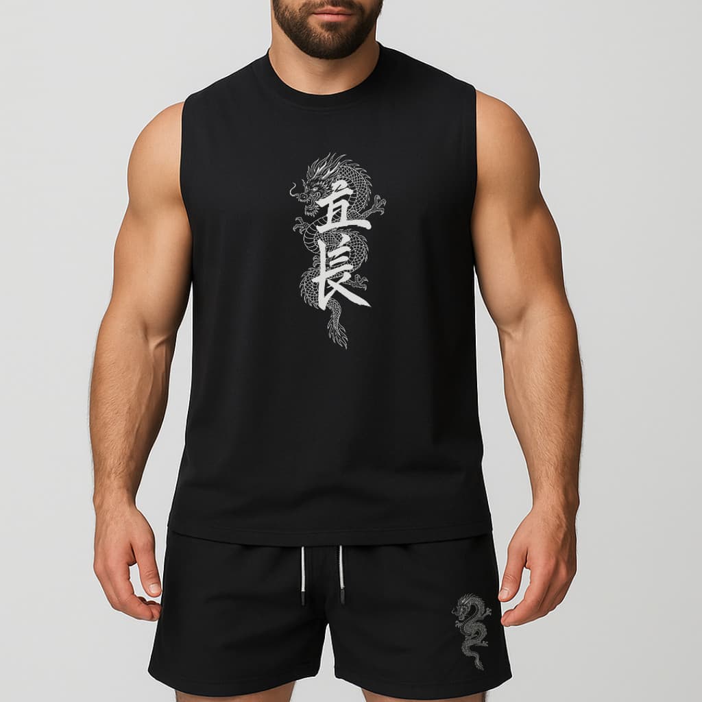 conjunto regata oversized e short de tactel de academia másculino estampada dragão japones com escrita 1