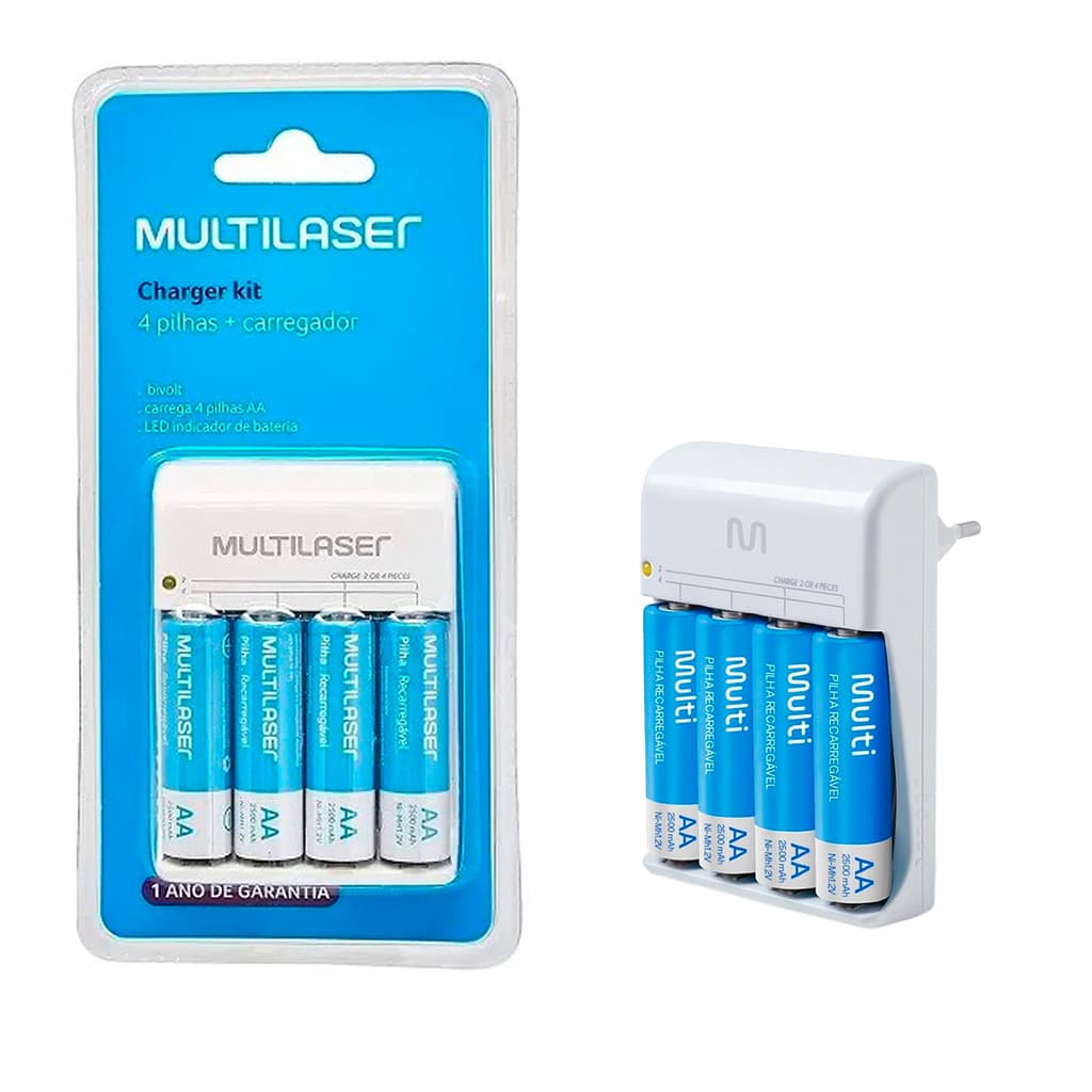 Carregador de Pilhas Multilaser Com 4 Pilhas Recarregáveis AA Comum 2500 mAh Original