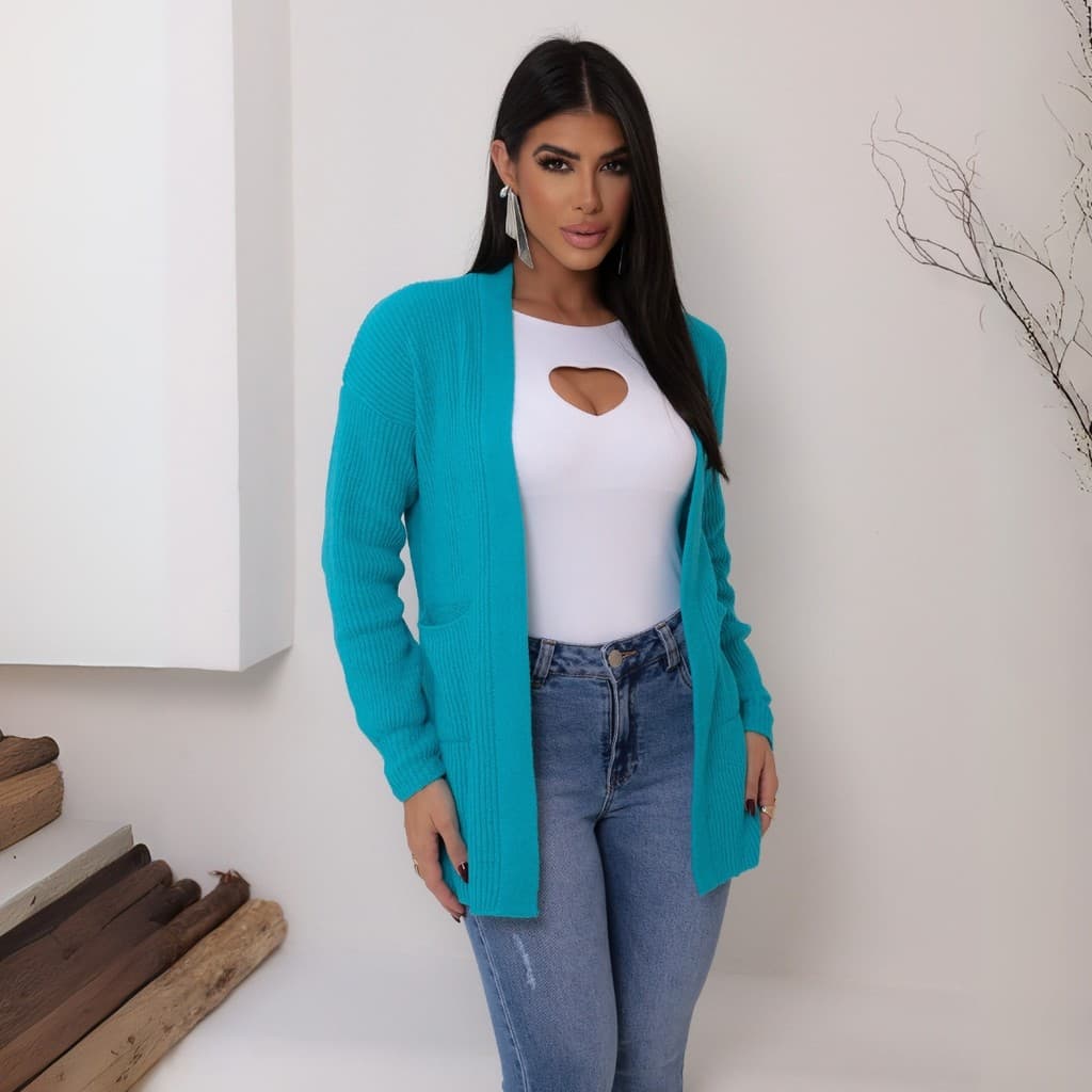 Blusa Cardigan De Tricot Com Bolso Feminina Revanche Lárnaca