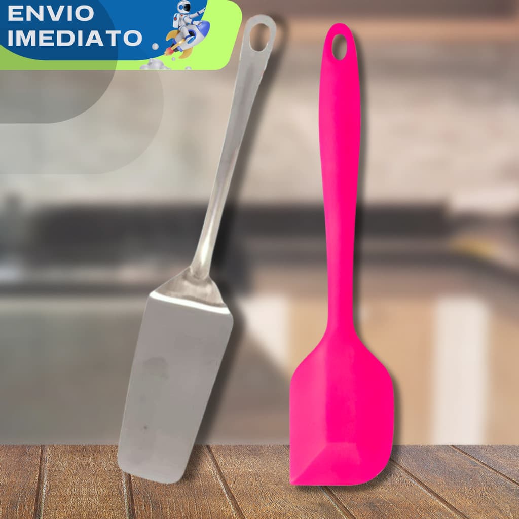 QUEIMA ESTOQUE Espátula Pão Duro Silicone + Espátula Bolo Inox Confeitaria Utensílios Cozinha Restaurante Lanche Doce