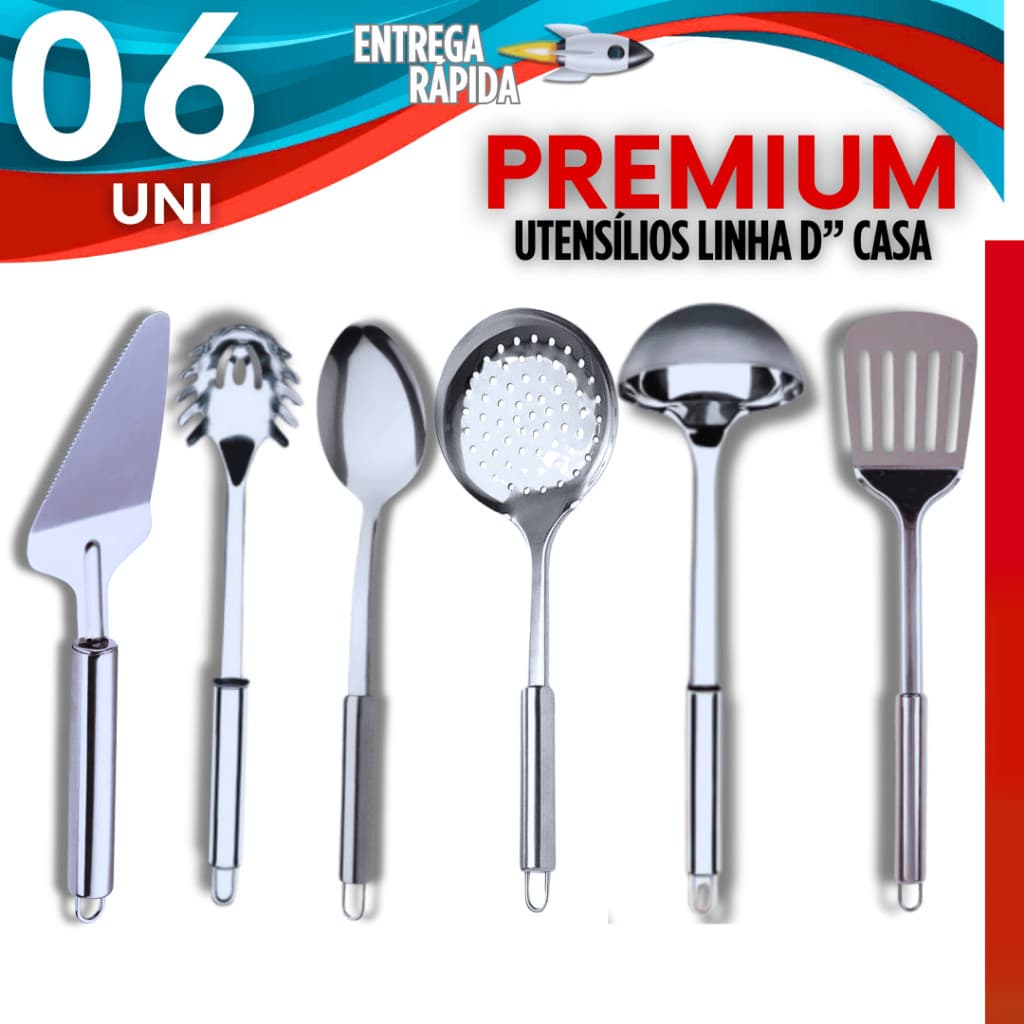 Kit Utensílios de Cozinha Colher + Escumadeira + Concha + Pegador de Massa + Espátula Vazada + Espátula Bolo