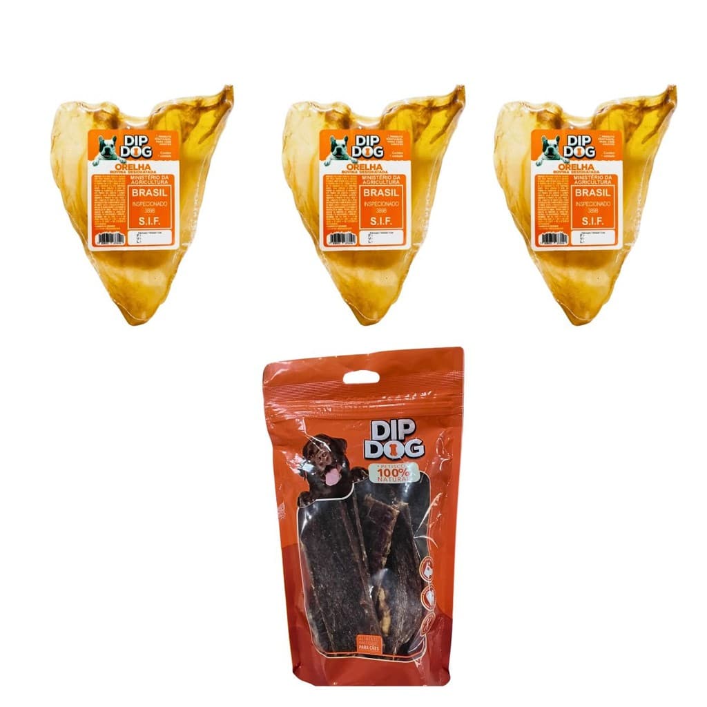 Kit Pacote Com 3 Petisco Natural Orelha Bovina Desidratada mais 1 pacote esofago bovino dip dog