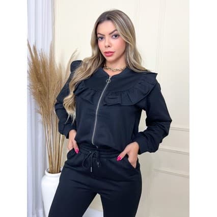 Conjunto Feminino Manga Longa Calça e Blusa Com Bolso e Ziper Inverno Moda 15-83