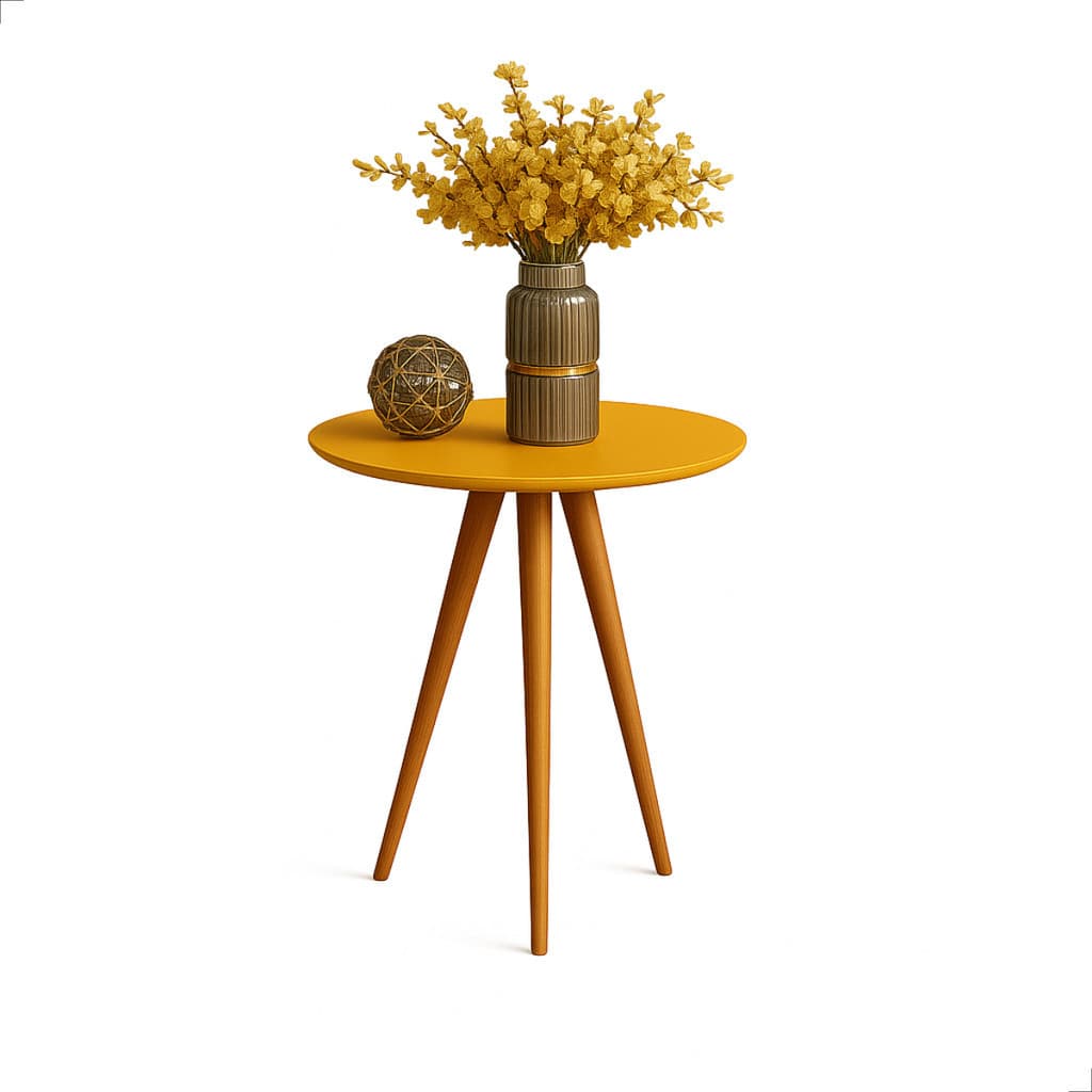Mesinha De Apoio Redonda 62cm Com Pés Palito Madeira Decoração Retrô Apoio Sala Sofa Cor Amarela