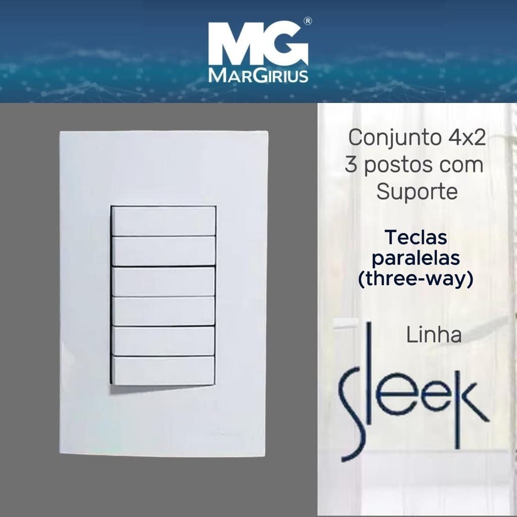 Conjunto 4x2 com 6 Interruptores Paralelo Three Way Sleek branco Margirius