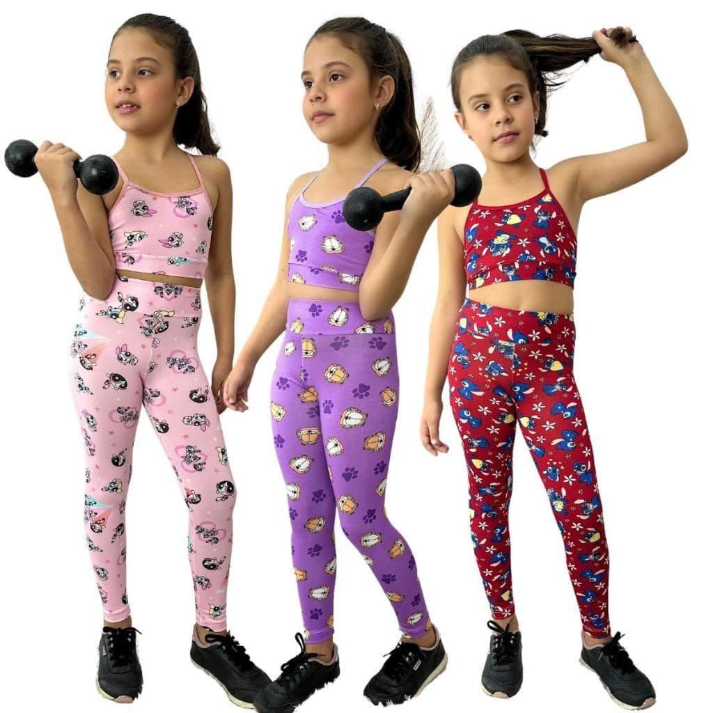 3 Conjunto Infantil Fitness Feminino Top Calça Kids Estampado Personagem Conjunto Menina Academia