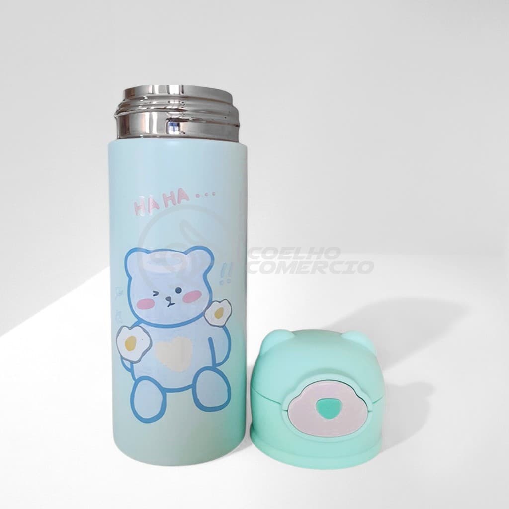 Garrafa d'Água Térmica Infantil Verde de Ursinho 420ml com Canudo para Casa Escola e Passeio