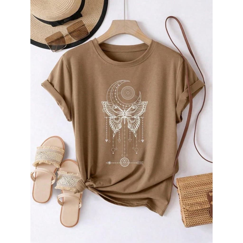 Camisa feminina de manga curta Camiseta lua e estampas de borboletas gola redonda 100% algodão