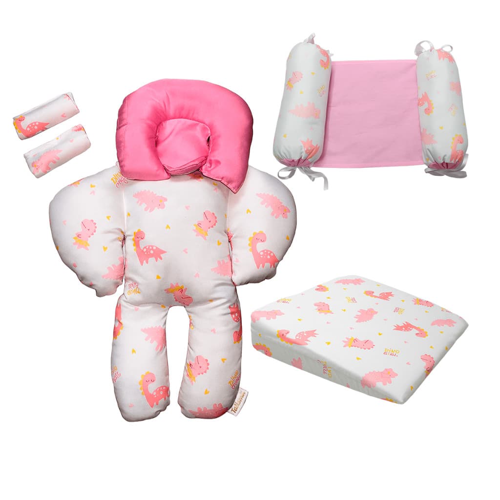 Kit 3 em 1 Bebê Dino Girl Rosa – Redutor + Rolinho + Travesseiro Anti‑Refluxo