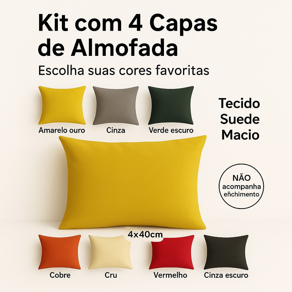 Kit 04 Capas de Almofada Suede Luxo com Zíper | 40x40 ou 60x60 | Várias Cores