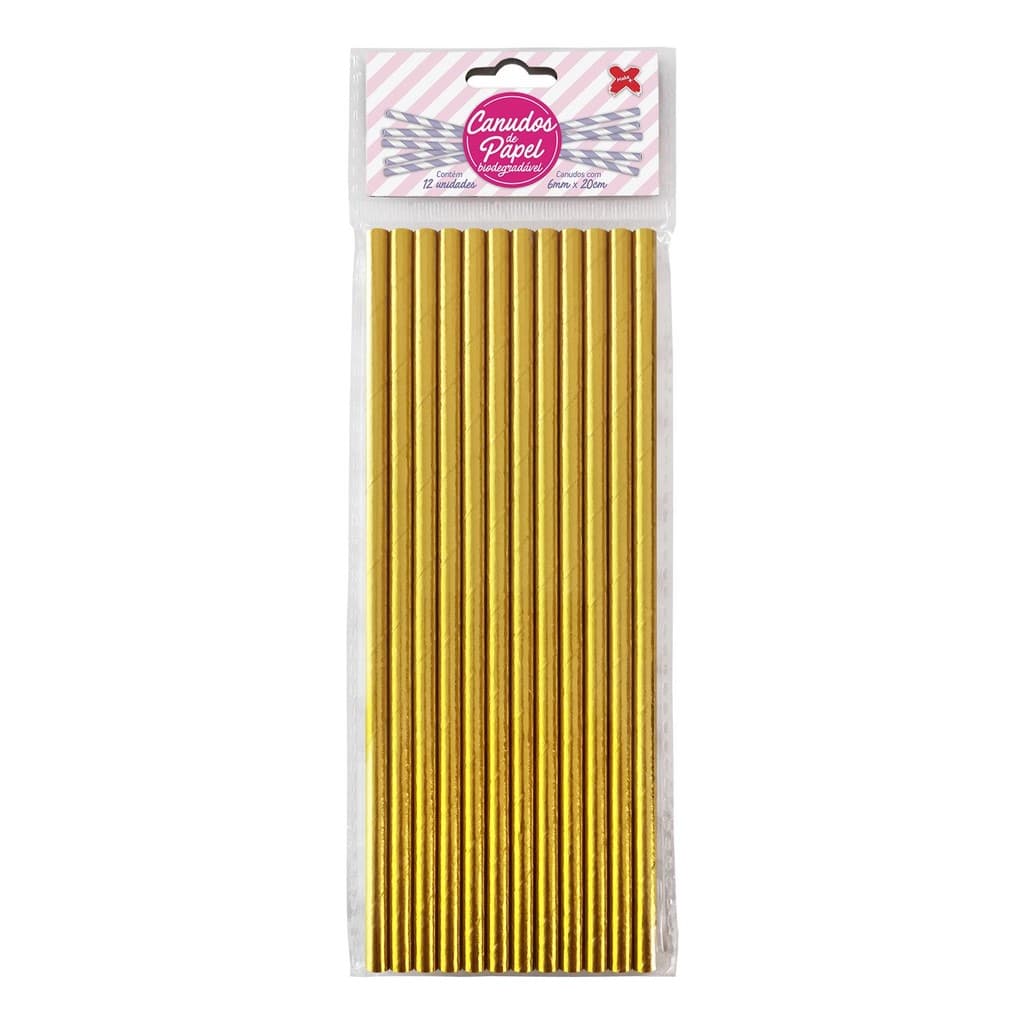 Canudo de Papel Metalizado Dourado 6mmx200mm - 4366 - 12, 24, 36, 48 ou 60 unidades