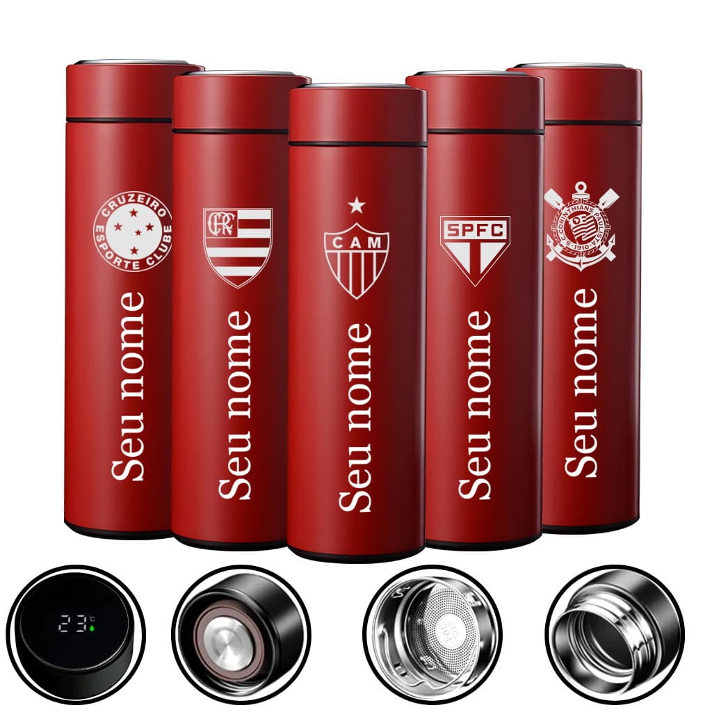 Garrafa Vermelho térmica a Digital Personalizada Todas as Time + Nome  + Nome 500 ML Inox