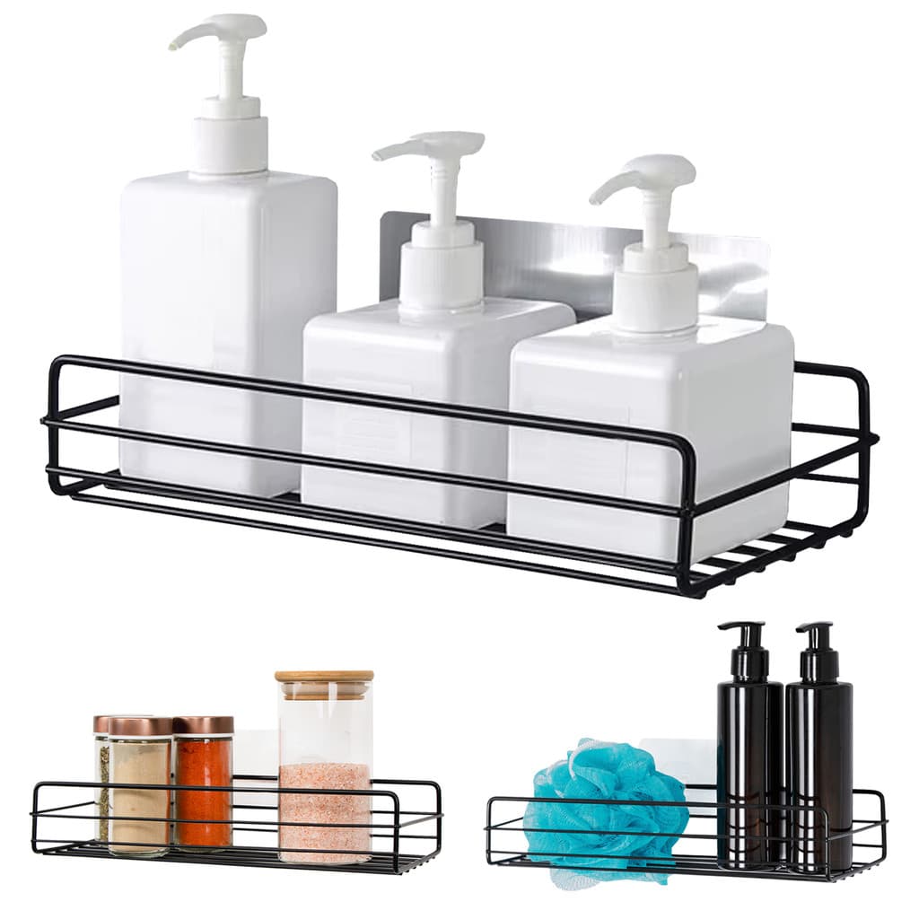 Kit 3 Prateleiras Aramadas Retangulares Adesivas Preto Fosco Sem Furo Inox Multiuso Cozinha/Banheiro