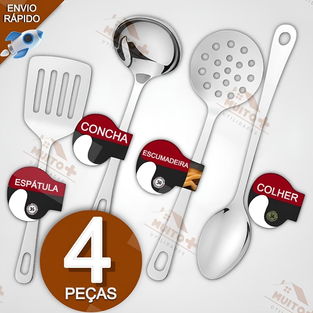 Utensílios Para Cozinha 4 Peças Em Aço Inox Colher De Arroz Escumadeira Concha Restaurante Casa