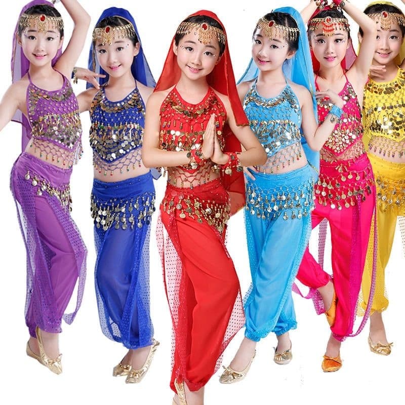 Conjunto de 7 Peças de Fantasias de Dança do Ventre para Meninas Crianças Roupas de Performance Oriental Indiana 2V60