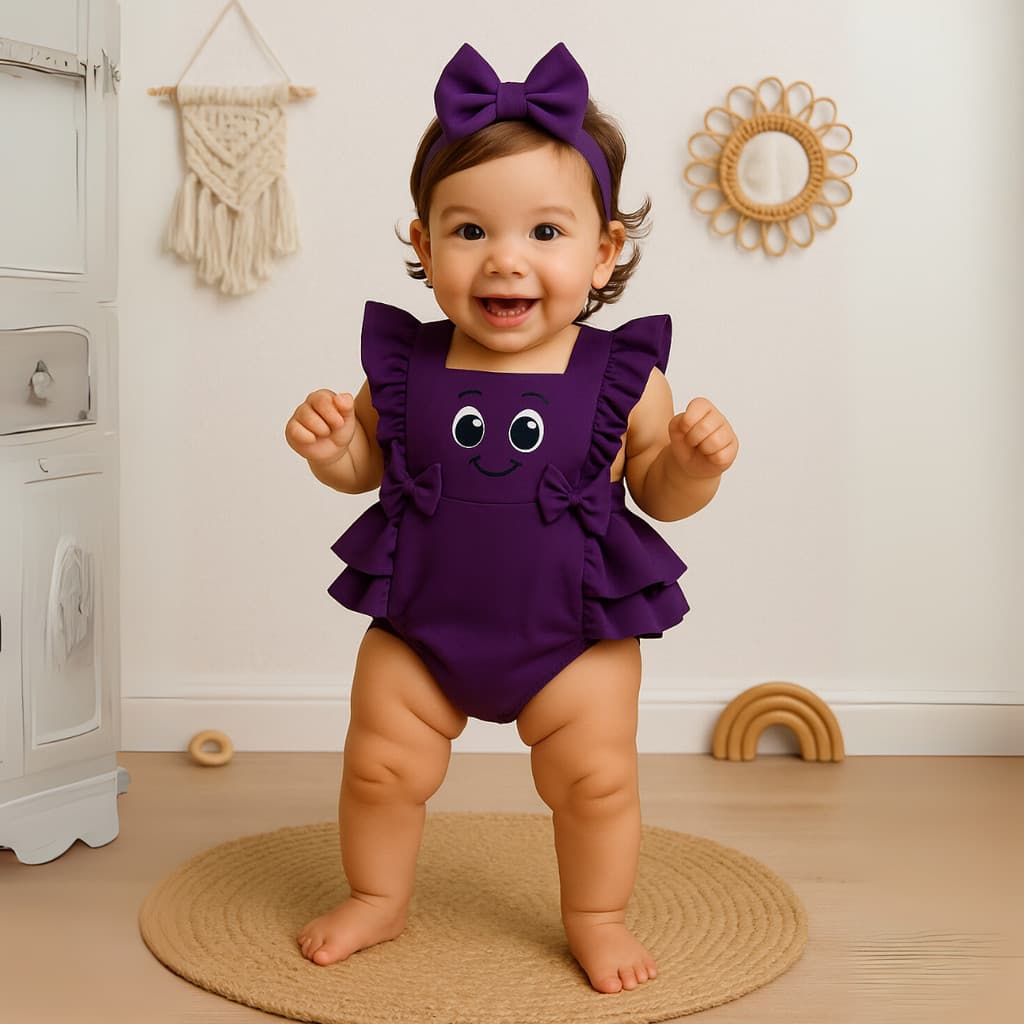 Romper Tematico Roxinho Estampado Macacão Bebê Menina Com Lacinho Acabamento Perfeito