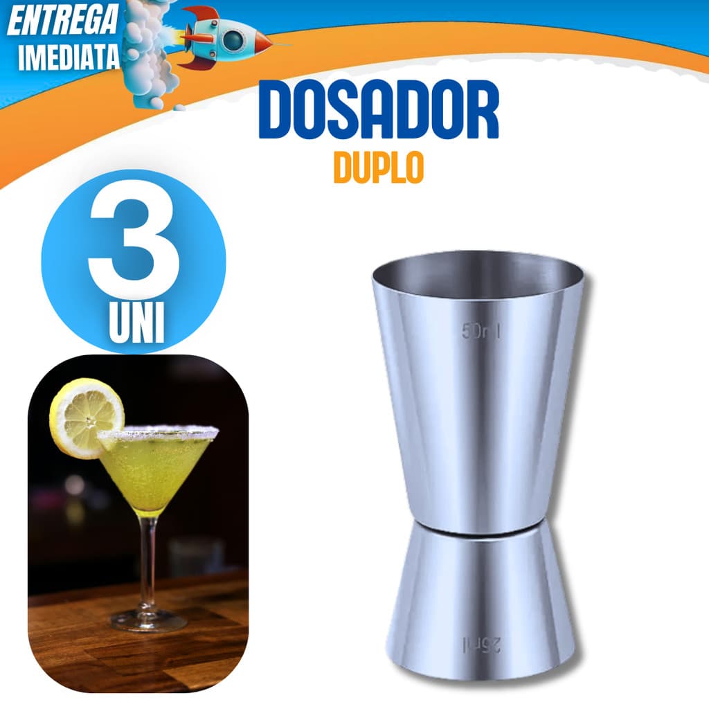 Kit 3 Unidades Dosador Duplo Profissional Aço Inox 25ml 50ml Drinks e Bebidas Premium Casa Bar Restaurante
