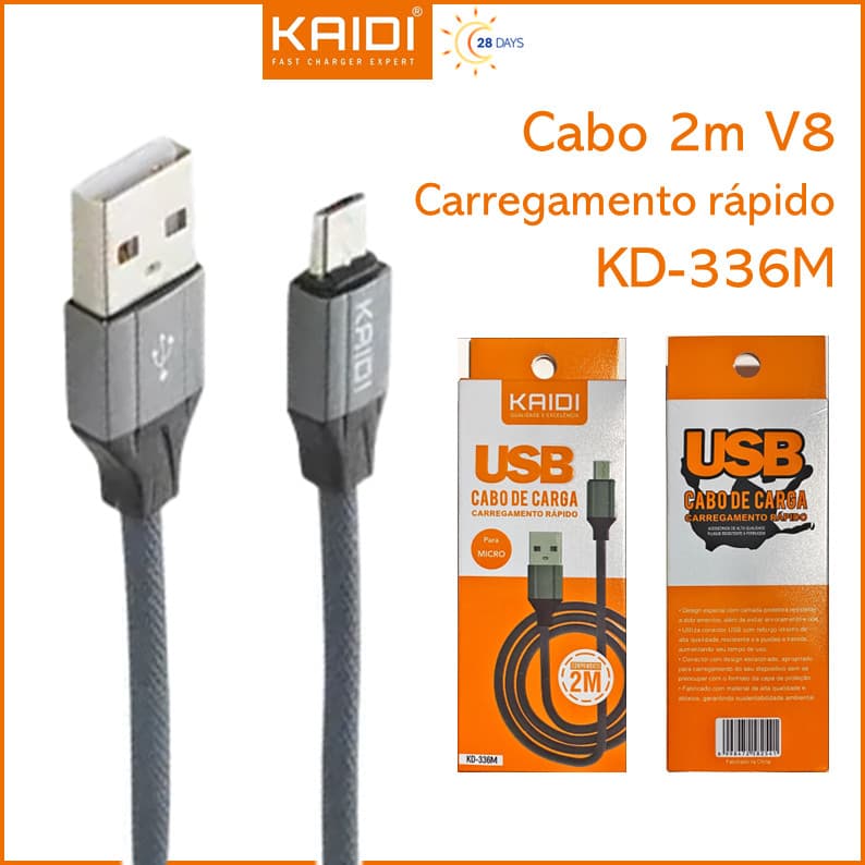 Cabo para Celular de Carga e Carregamento Rápido USB para V8 Android 2.4A carregador 200cm 2m Kaidi KD-336M