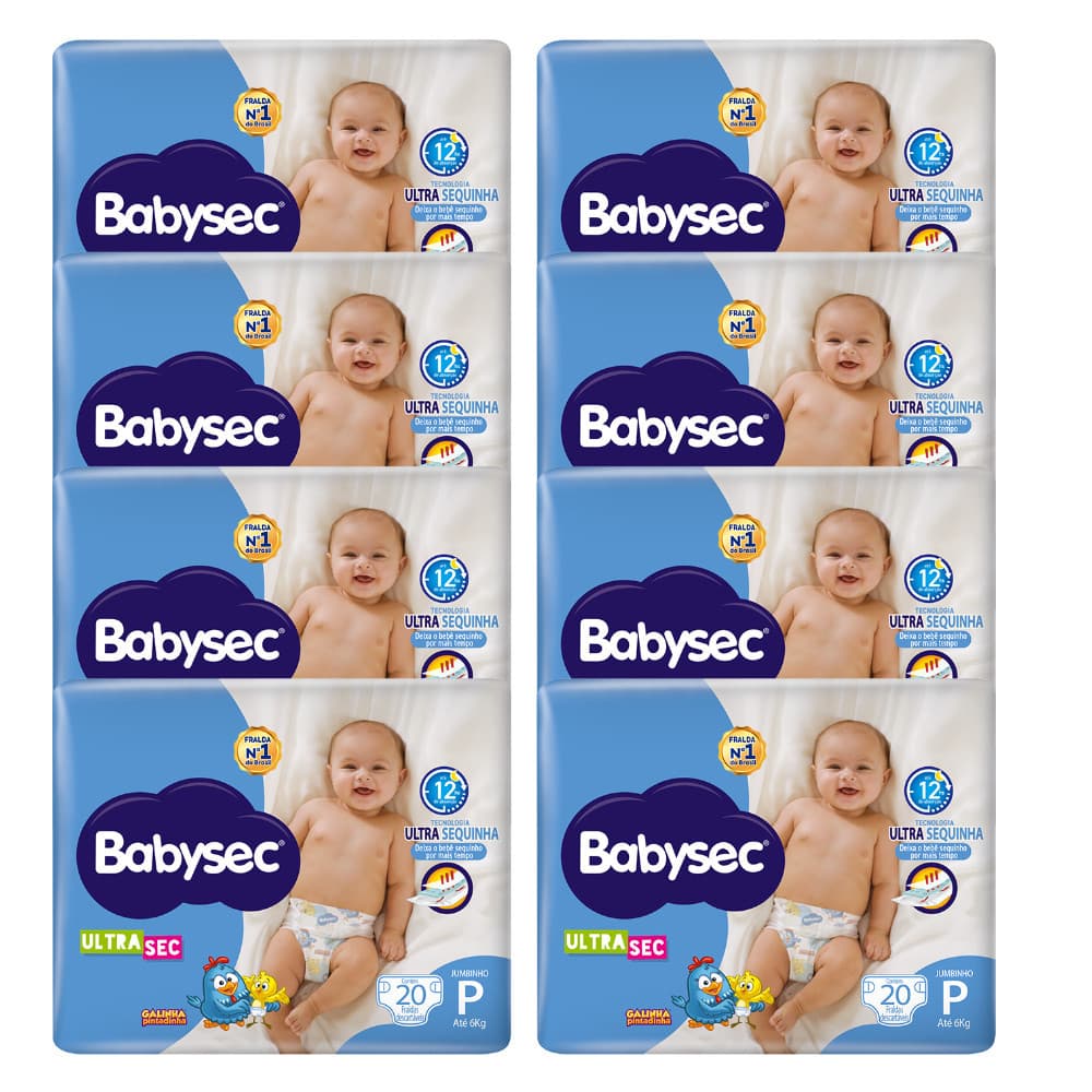 Kit com 8 Pacotes Fralda Babysec UltraSec Jumbinho P Galinha Pintadinha 20un