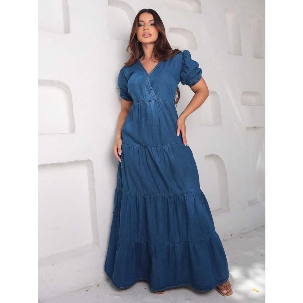 Janejeans 915 vestido longo jeans feminina manga curto manga bufante 915