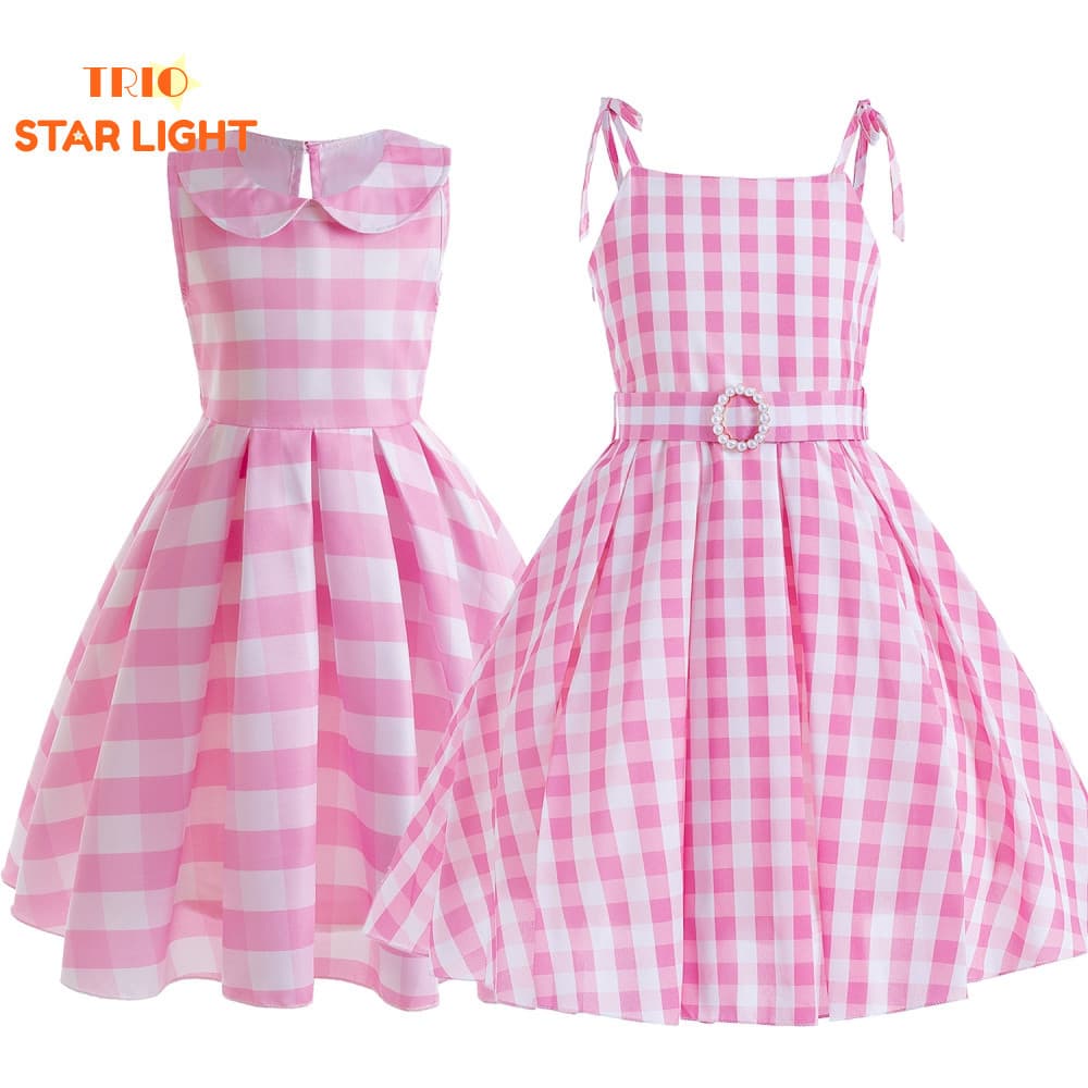 Vestido Listrado Xadrez Infantil Rosa Filme " Barbie " Sem Mangas Camisola