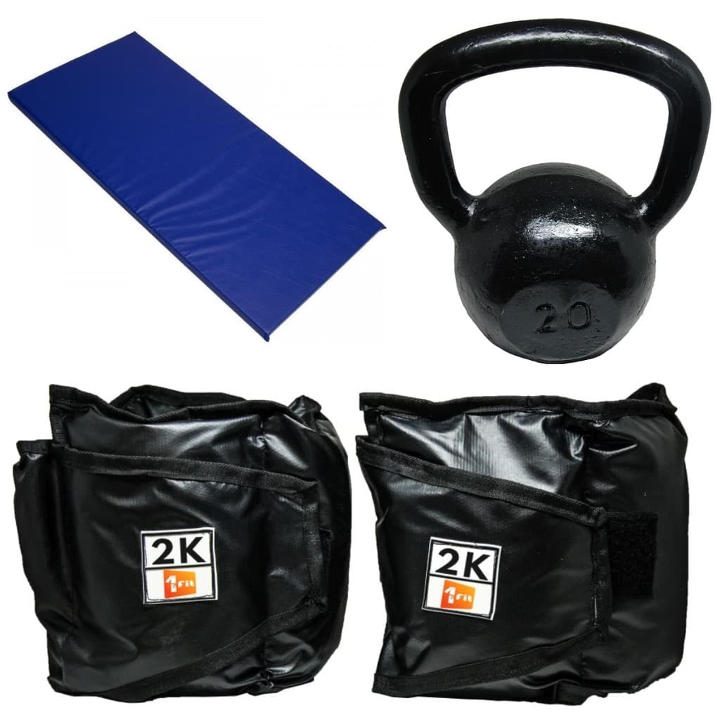 Kit Colchonete Azul + Par de Caneleira 2Kg + kettlebell Pintado 20kg