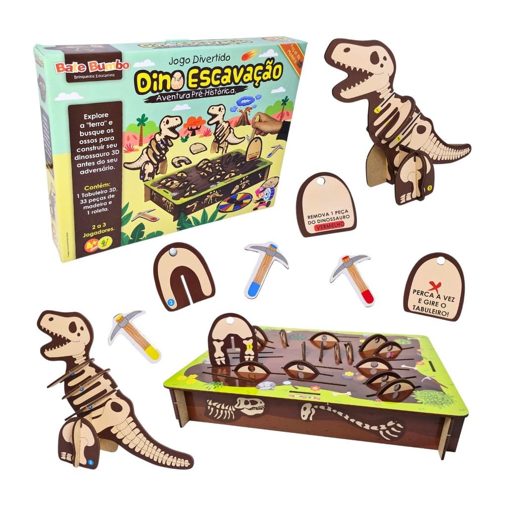 Jogo Dino Escavação Brinquedo Educativo Madeira - Bate Bumbo - 4 anos