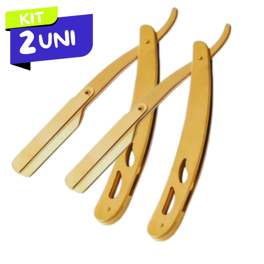 2 Navalha Navalhete Barba Barbeiro Profissional Aço Inox Dourado