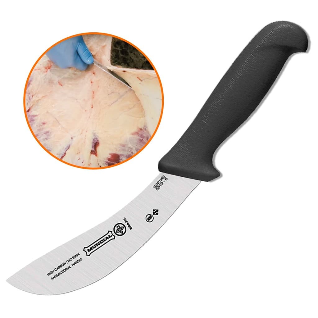 Faca Tira Couro 6 Pol 15 cm Mundial 5519 para Desossa e Sangria Cabo Preto Antibacteriano