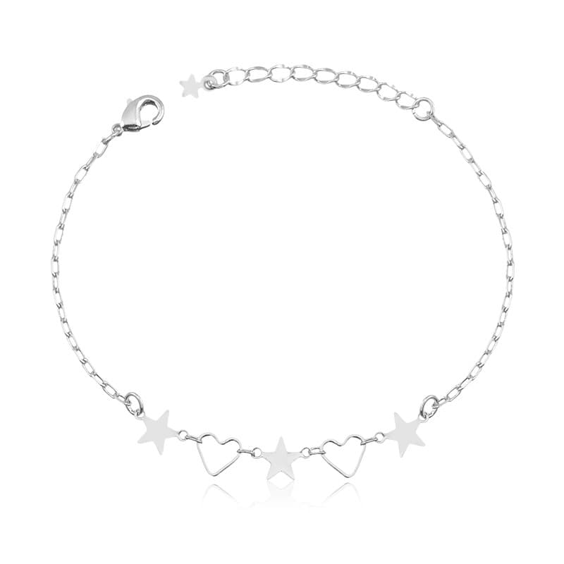Pulseira Banho de Prata Chapinha Estrelas Detalhe Coração Vazado  (17Cm)