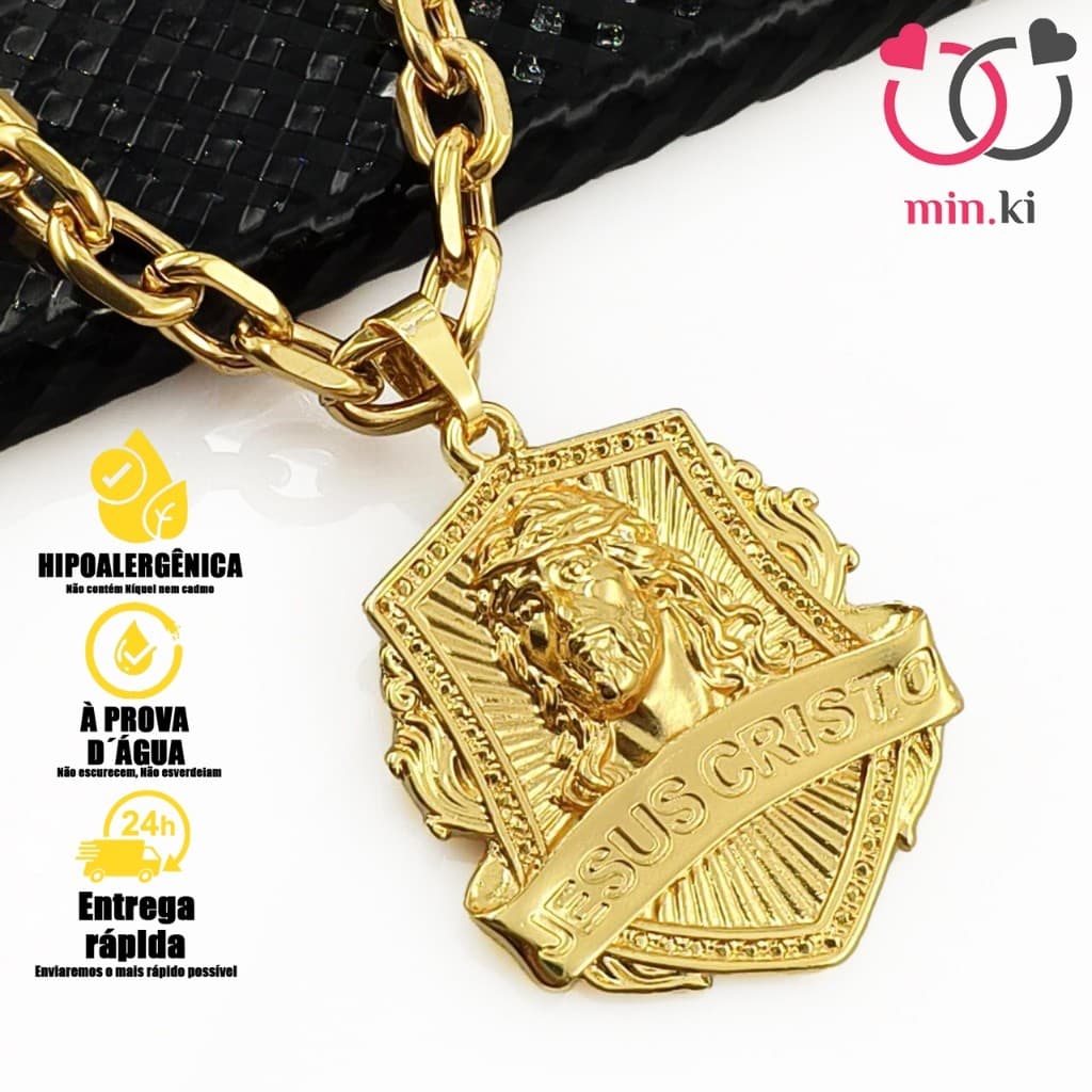 Colar. de moda Corrente Masculino com Pingente Jesus Cristo 4D Cravejado Banhado a Ouro 18K