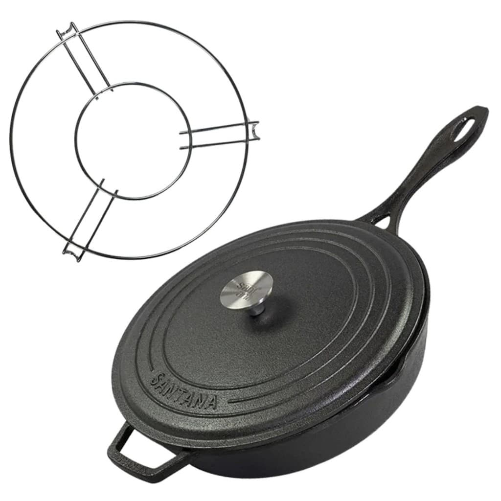 Kit Frigideira Grande 28 cm Ferro Fundido com Tampa + Descanso Protetor de Alumínio Fogão Indução
