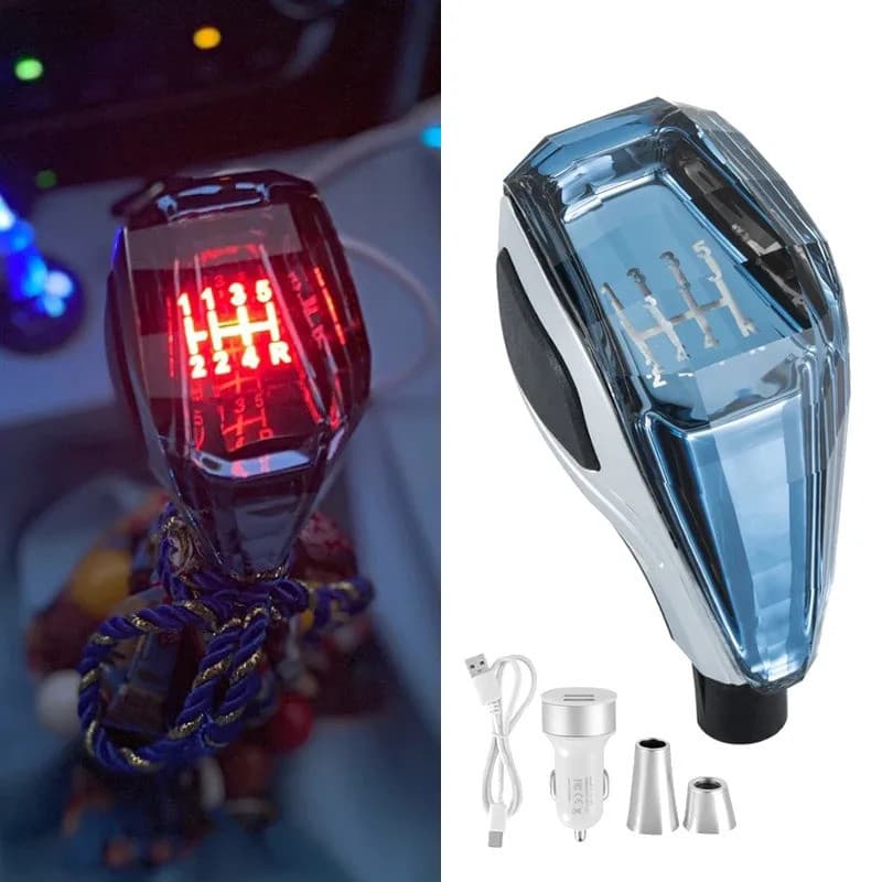 Manopla de Câmbio Universal de Cristal para Carro, Alavanca de Mudança Automática/Manual com Luz LED e Carregador USB