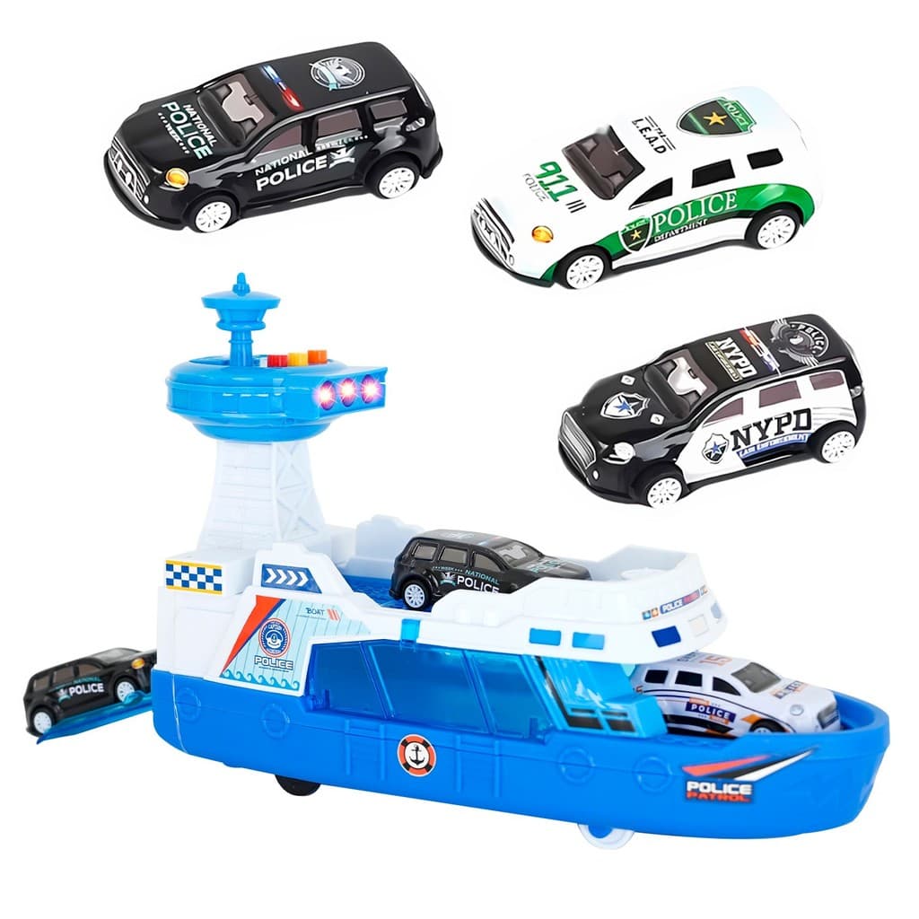 Brinquedo Barco Guarda Costeira Com Luz Som Fricção Rampa E 3 Carrinhos Inclusos

 Dm Toys