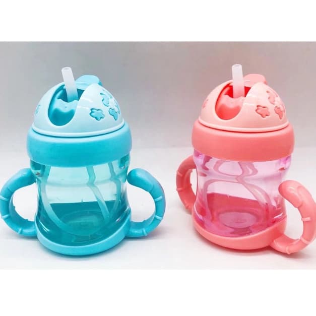 Copo de treinamento para bebê com tampa de silicone e canudo + alça de plástico