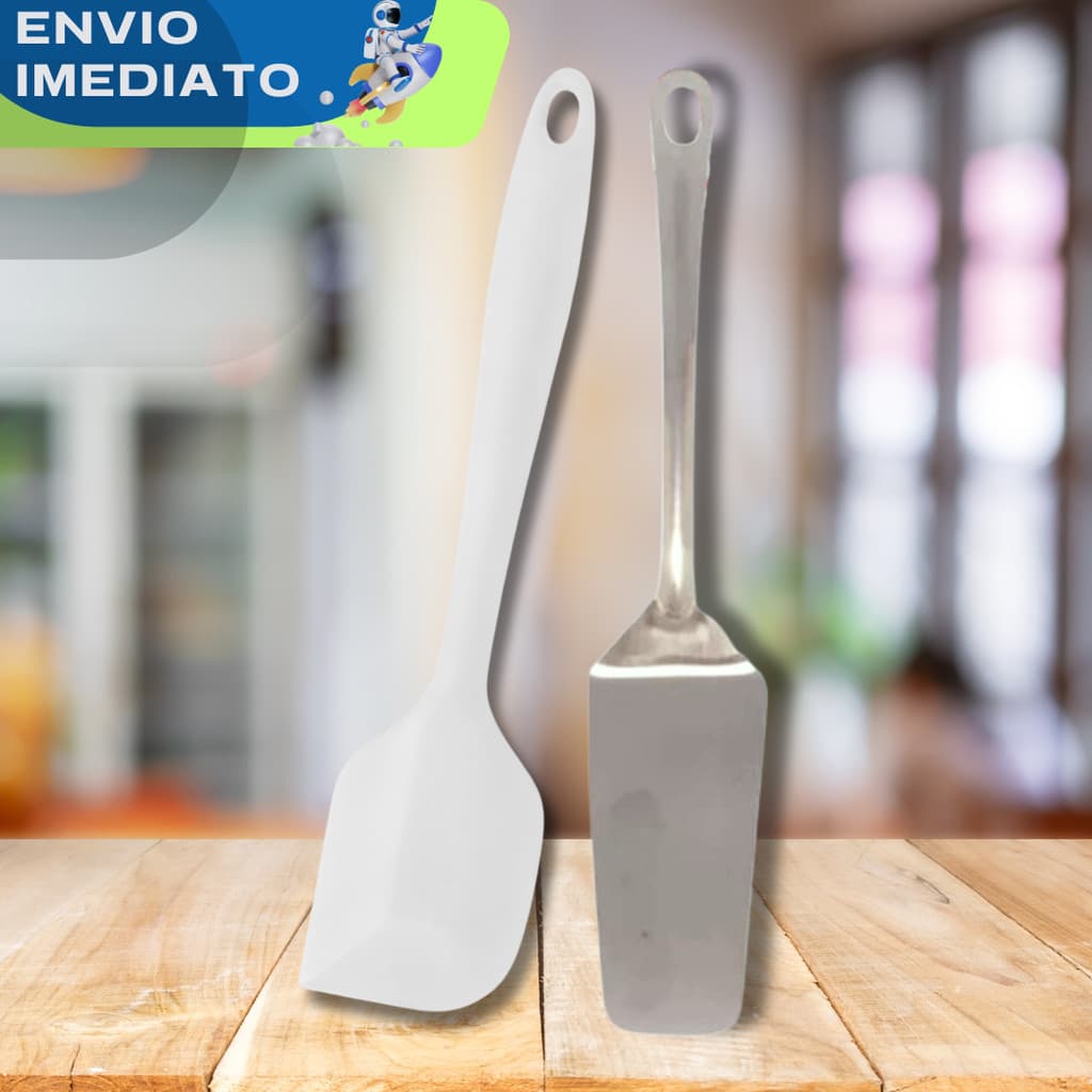 CONJUNTO Espátula Pão Duro Silicone + Espátula Bolo Inox Confeitaria Utensílios Cozinha Restaurante Lanche Lasanha Doce