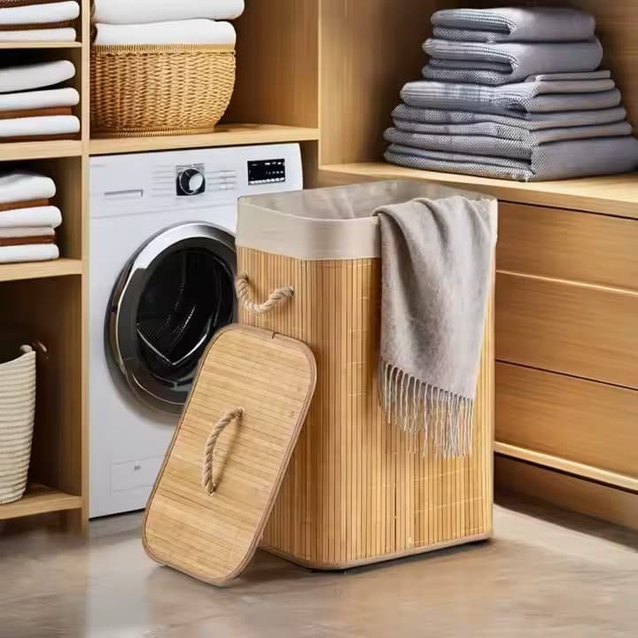 Cesto Roupa Bambu Retangular Redondo Com Tampa Cesto Oraganizador Roupa Suja