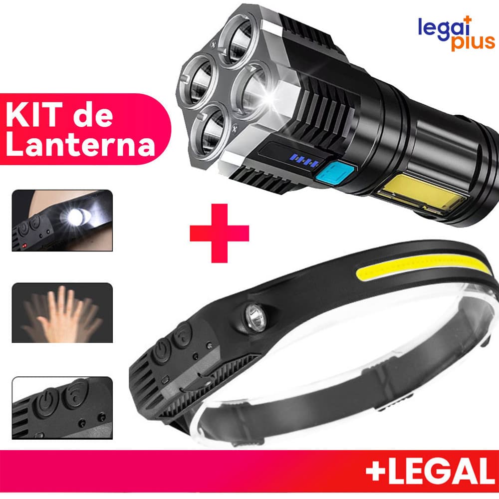 KIT de Lanterna Tatica Recarregavel + Lanterna de Cabeça Led Corpo Motion Camping Torch Light Lamp Com Usb