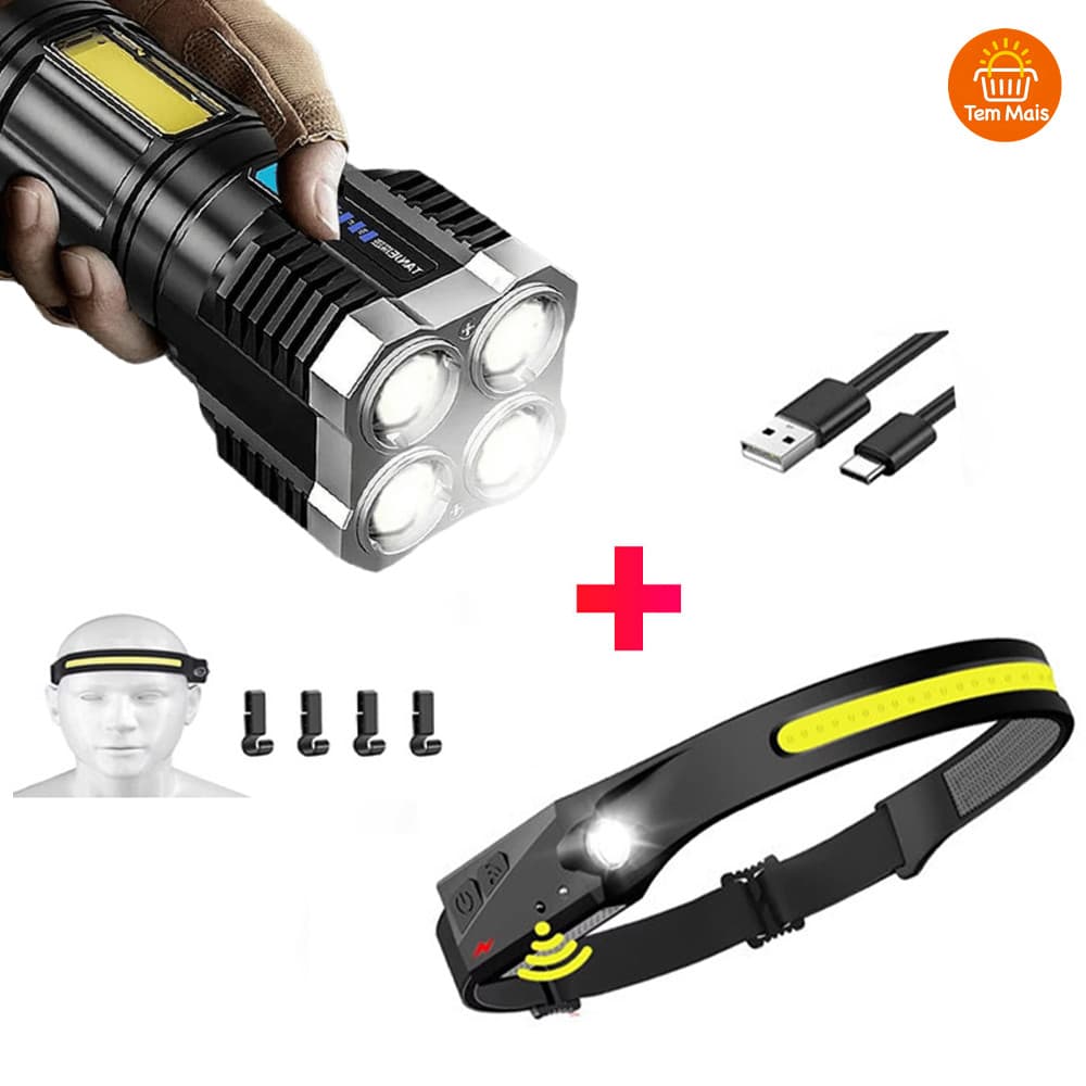 KIT de Lanterna Tatica Recarregavel + Lanterna de Cabeça Led Corpo Motion Camping Torch Light Lamp Com Usb