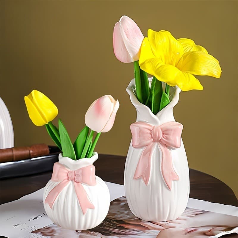 Vaso De Cerâmica De 1 Unidade Com Laço Rosa-Design Moderno De Boca Irregular Redondo Em Relevo Para Flores Frescas Ou Ar