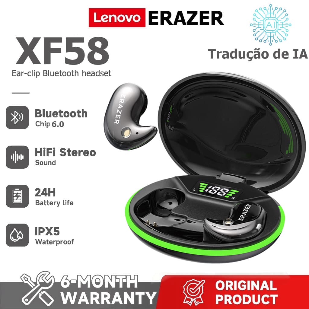 Lenovo ERAZER XF58 AI Tradução Headset LED Fone de ouvido sem fio para dormir Bluetooth 6.0 AI Fone de ouvido com traduç