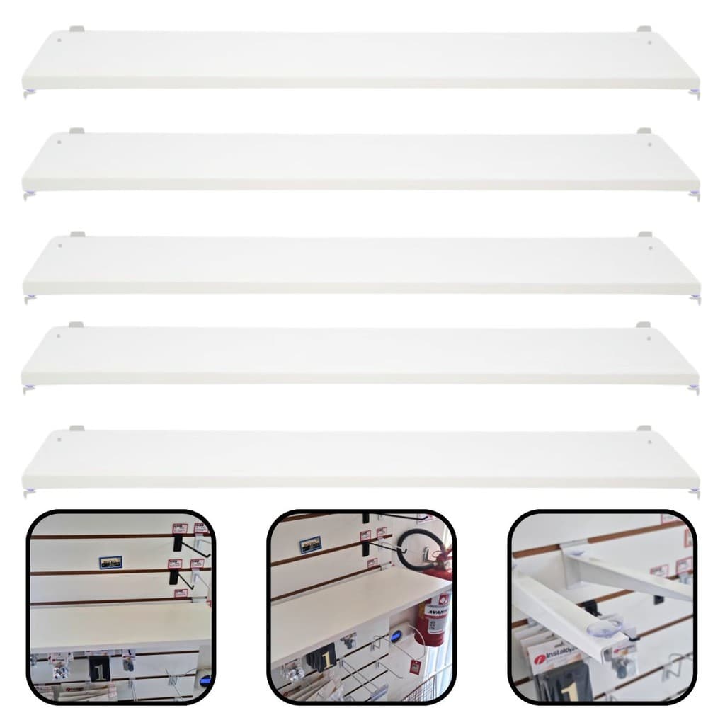 Kit 5 Prateleiras MDF Para Painel Canaletado 30x90cm Branco Com Suporte