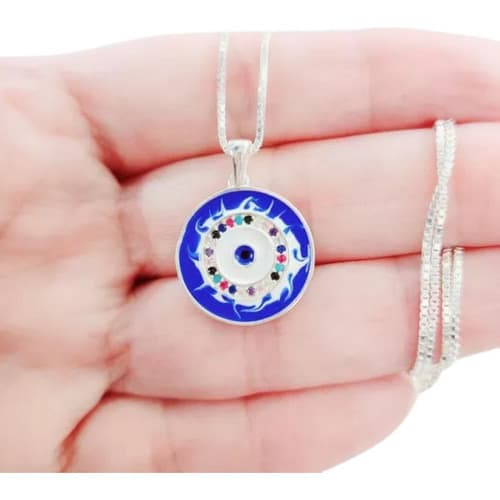 Colar Mandala Olho Grego Cravejado Esmaltado Em Prata Maciça