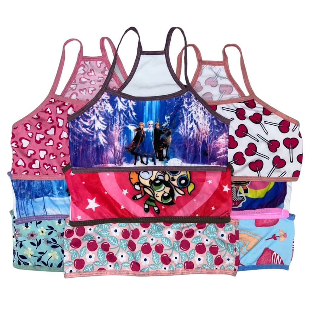 KIT 5 Top Sutiã Infantil Menina Moça Estampado Personagens Mocinha Escola Nadador
