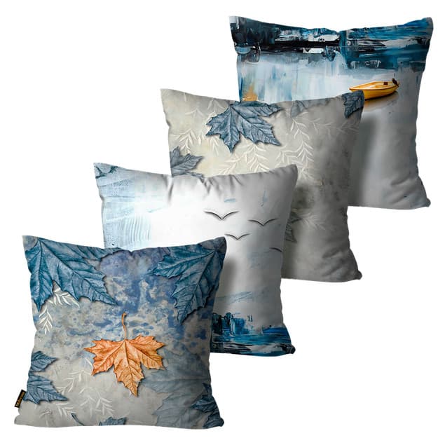 Kit 4 Capas Almofadas Decorativas FolhagemAbstrata Azul45x45