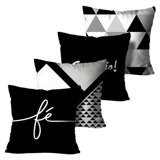 Kit com 4 Capas de Almofadas Decorativas Fé Preto e Branco 45x45