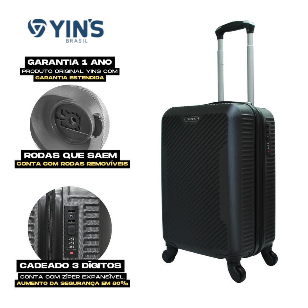 MALA BORDO 10KG PRETA C/RODA DUPLA REMOVÍVEL RESISTENTE ABS