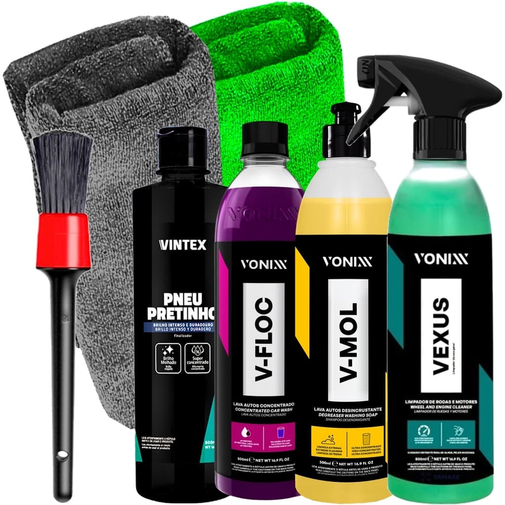 Kit Vonixx Limpeza Pesada V-FLoc V-Mol Vexus Vonixx Pneu Pretinho Vintex Pincel Detalhamento 2 Toalhas 30x30 Karbox