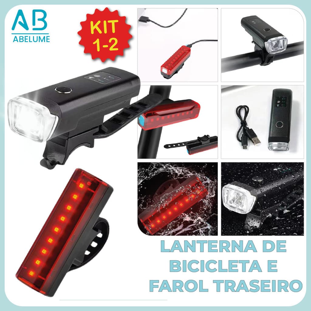 Kit Lanterna Farol para Bicicleta + Sinalizador Traseiro Recarregável via USB para Bike Led