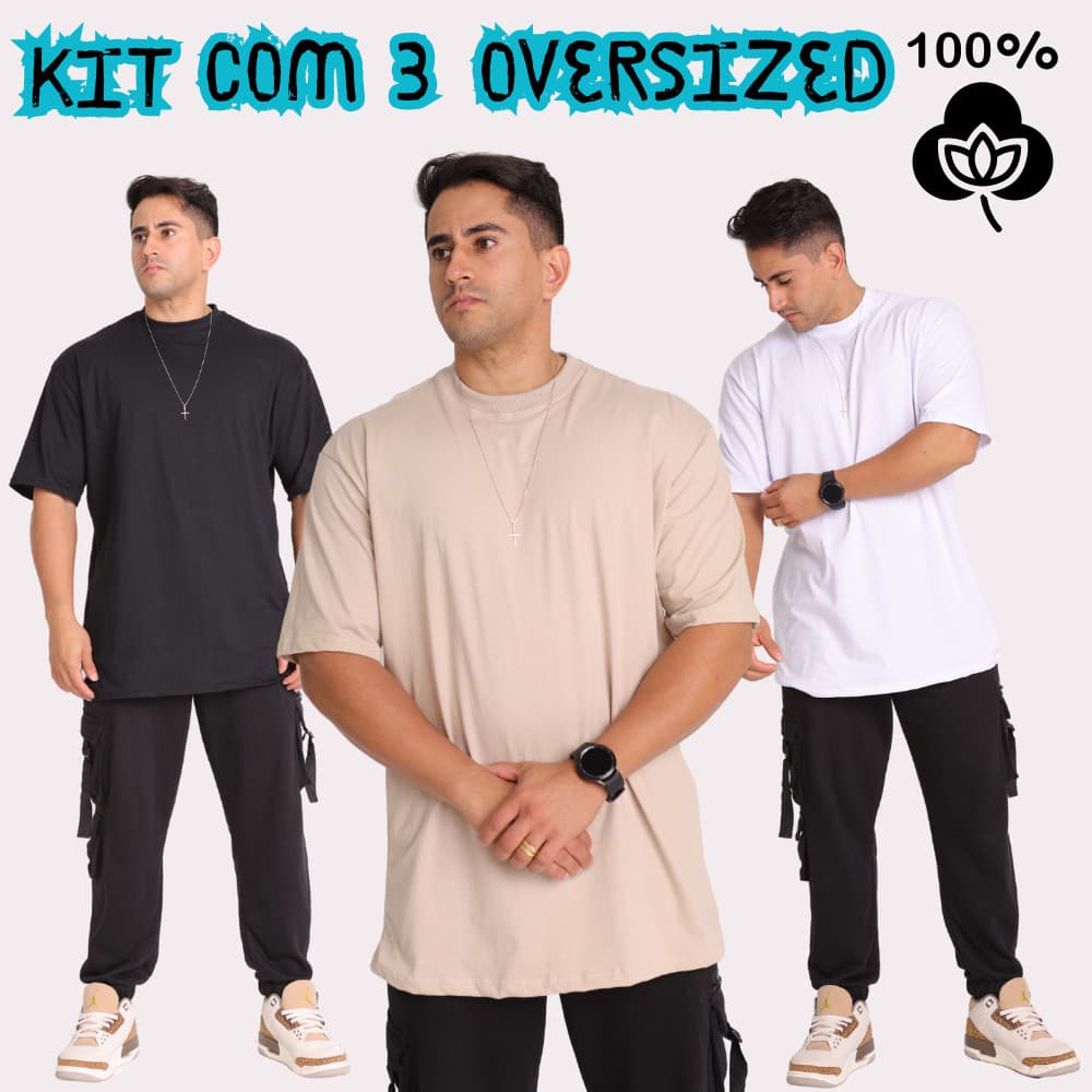 Kit com 3 Camisetas Oversized Masculina 100% Algodão Premium